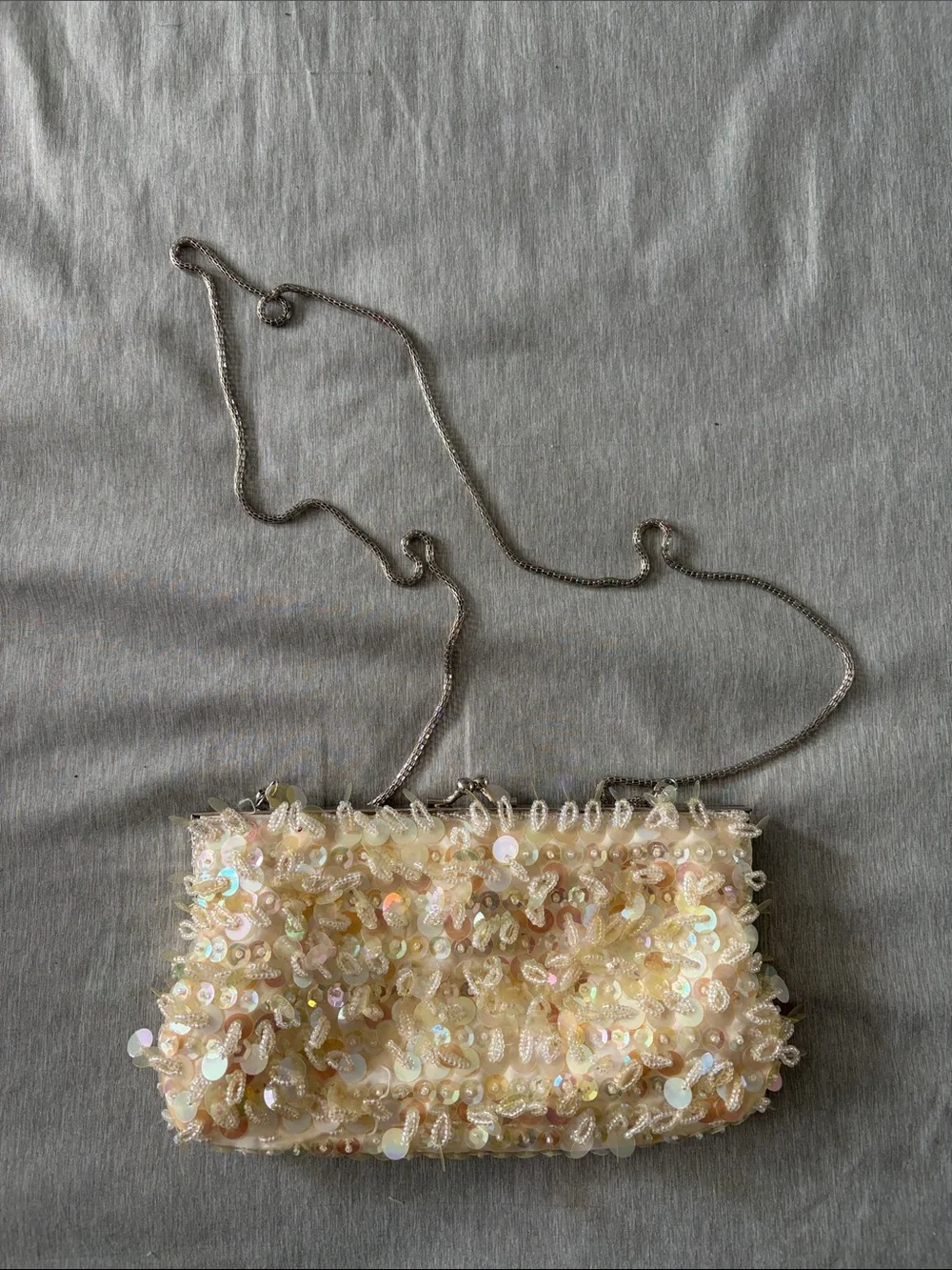 Beaded Iridescent Cream Evening Clutch with Chain Strap